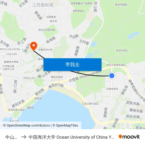 中山公园 to 中国海洋大学 Ocean University of China Yushan Campus map