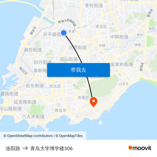 洛阳路 to 青岛大学博学楼306 map