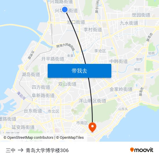 三中 to 青岛大学博学楼306 map