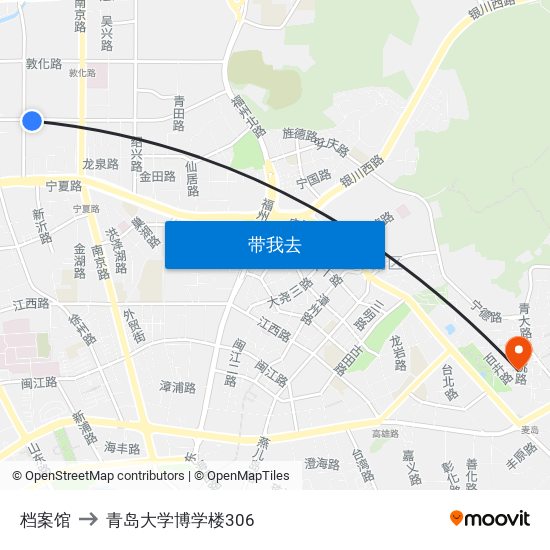 档案馆 to 青岛大学博学楼306 map