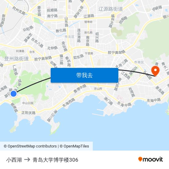 小西湖 to 青岛大学博学楼306 map