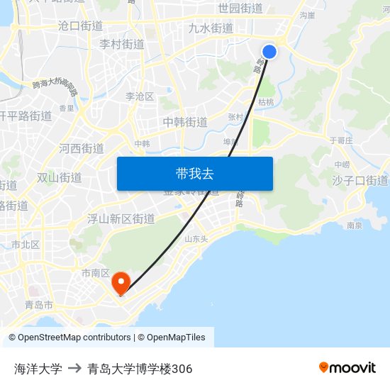 海洋大学 to 青岛大学博学楼306 map