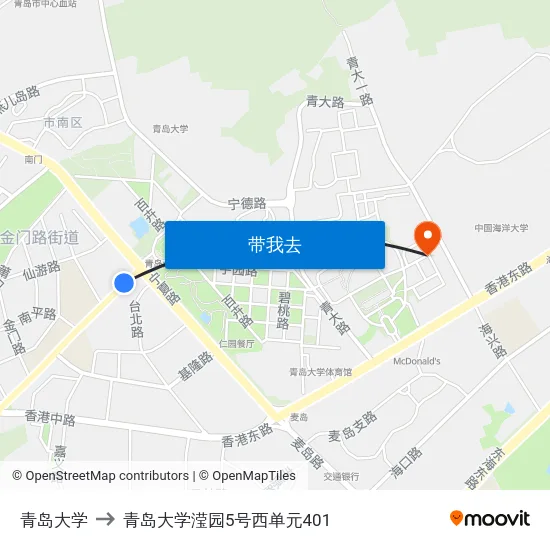青岛大学 to 青岛大学滢园5号西单元401 map