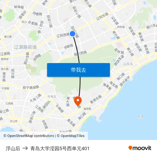 浮山后 to 青岛大学滢园5号西单元401 map