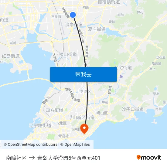 南疃社区 to 青岛大学滢园5号西单元401 map