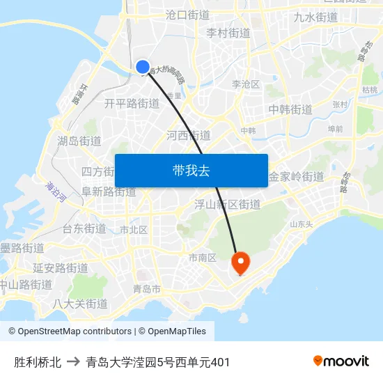 胜利桥北 to 青岛大学滢园5号西单元401 map