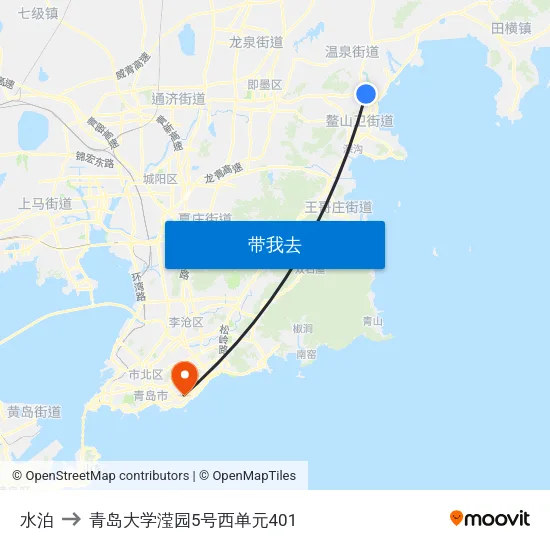 水泊 to 青岛大学滢园5号西单元401 map