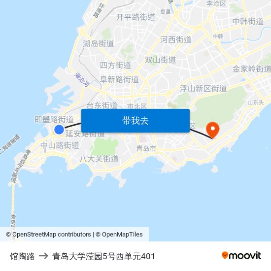 馆陶路 to 青岛大学滢园5号西单元401 map