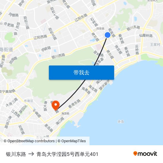 银川东路 to 青岛大学滢园5号西单元401 map