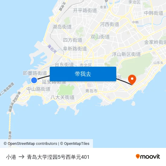 小港 to 青岛大学滢园5号西单元401 map