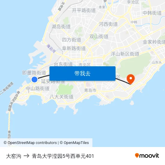 大窑沟 to 青岛大学滢园5号西单元401 map