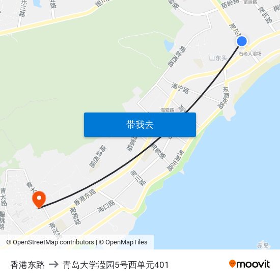 香港东路 to 青岛大学滢园5号西单元401 map