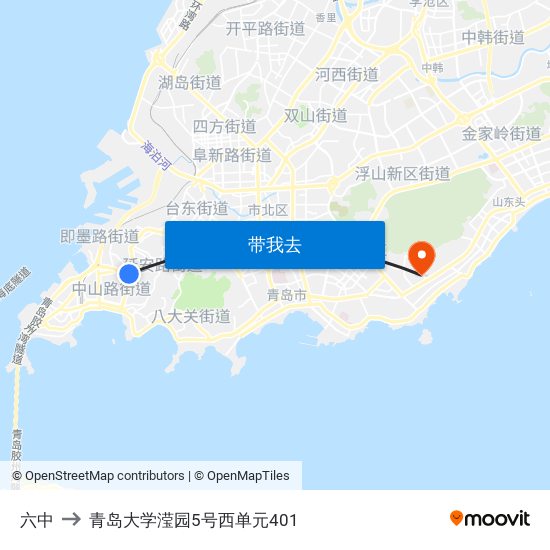 六中 to 青岛大学滢园5号西单元401 map