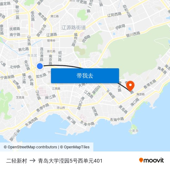 二轻新村 to 青岛大学滢园5号西单元401 map