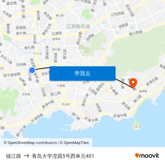 镇江路 to 青岛大学滢园5号西单元401 map