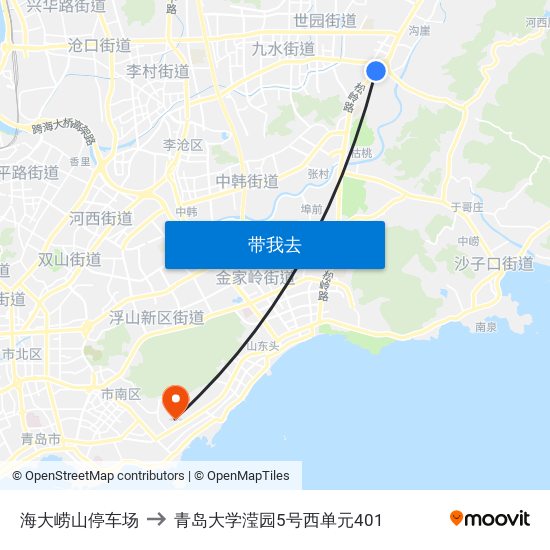 海大崂山停车场 to 青岛大学滢园5号西单元401 map