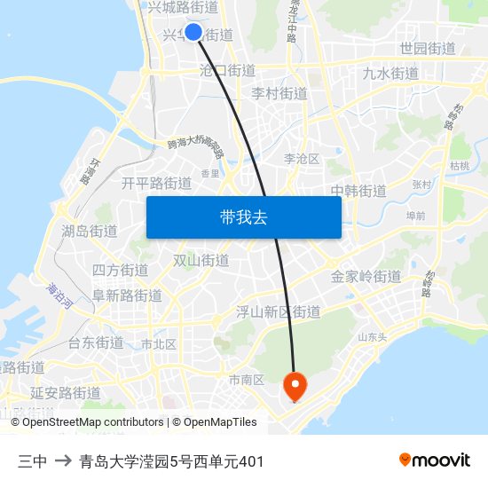 三中 to 青岛大学滢园5号西单元401 map