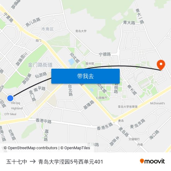 五十七中 to 青岛大学滢园5号西单元401 map