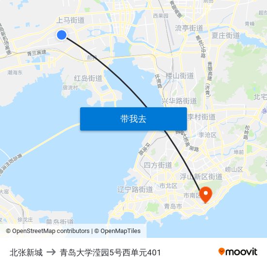 北张新城 to 青岛大学滢园5号西单元401 map