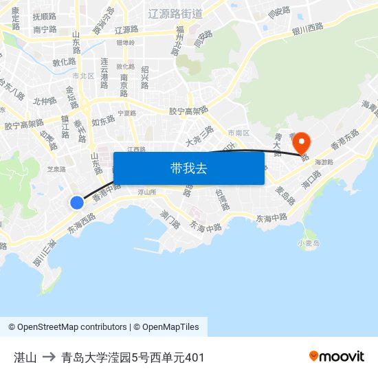 湛山 to 青岛大学滢园5号西单元401 map