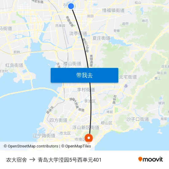 农大宿舍 to 青岛大学滢园5号西单元401 map