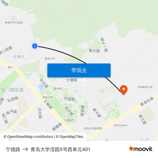 宁德路 to 青岛大学滢园5号西单元401 map