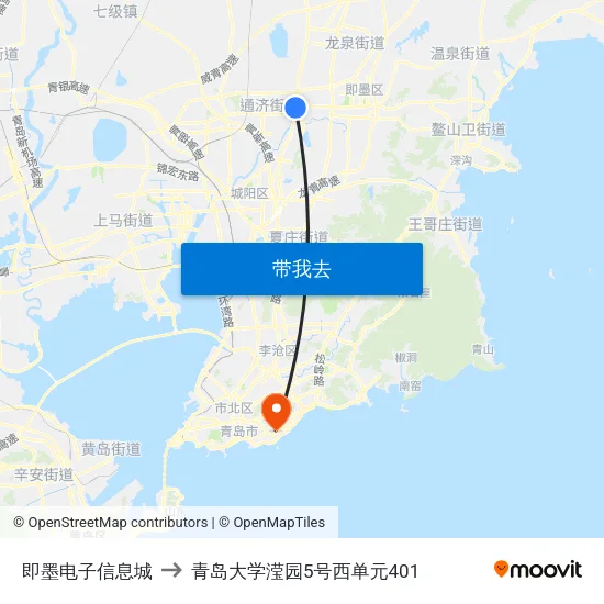 即墨电子信息城 to 青岛大学滢园5号西单元401 map