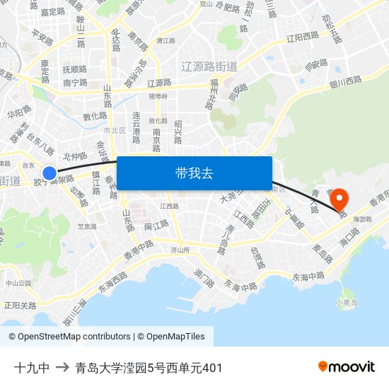 十九中 to 青岛大学滢园5号西单元401 map