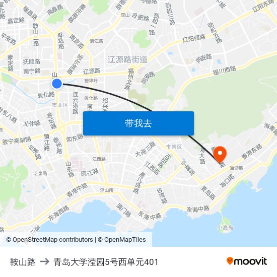 鞍山路 to 青岛大学滢园5号西单元401 map