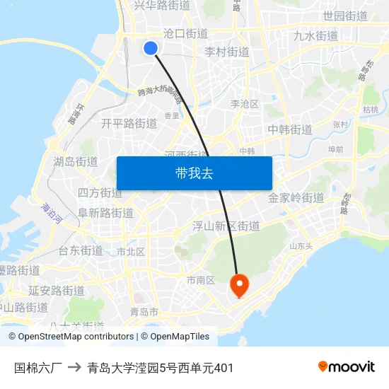 国棉六厂 to 青岛大学滢园5号西单元401 map