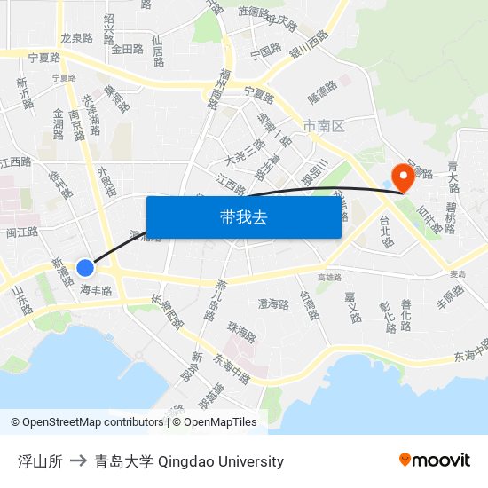 浮山所 to 青岛大学 Qingdao University map