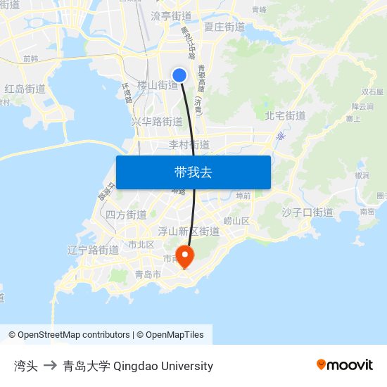 湾头 to 青岛大学 Qingdao University map
