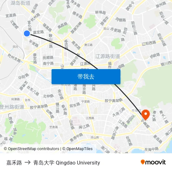 嘉禾路 to 青岛大学 Qingdao University map