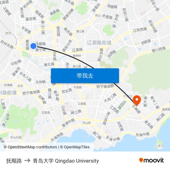 抚顺路 to 青岛大学 Qingdao University map