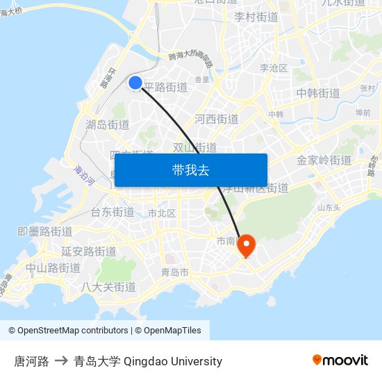 唐河路 to 青岛大学 Qingdao University map