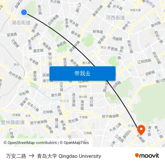万安二路 to 青岛大学 Qingdao University map