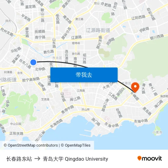 长春路东站 to 青岛大学 Qingdao University map