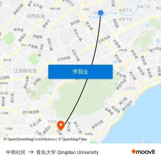 中韩社区 to 青岛大学 Qingdao University map