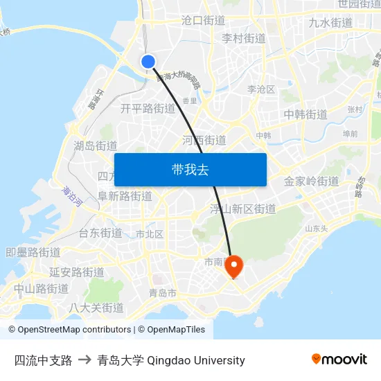 四流中支路 to 青岛大学 Qingdao University map