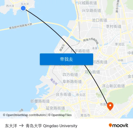 东大洋 to 青岛大学 Qingdao University map