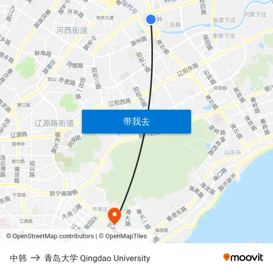 中韩 to 青岛大学 Qingdao University map