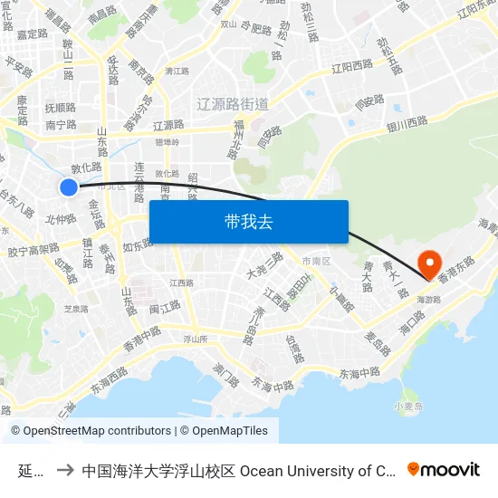 延吉路 to 中国海洋大学浮山校区 Ocean University of China (Fushan Campus) map