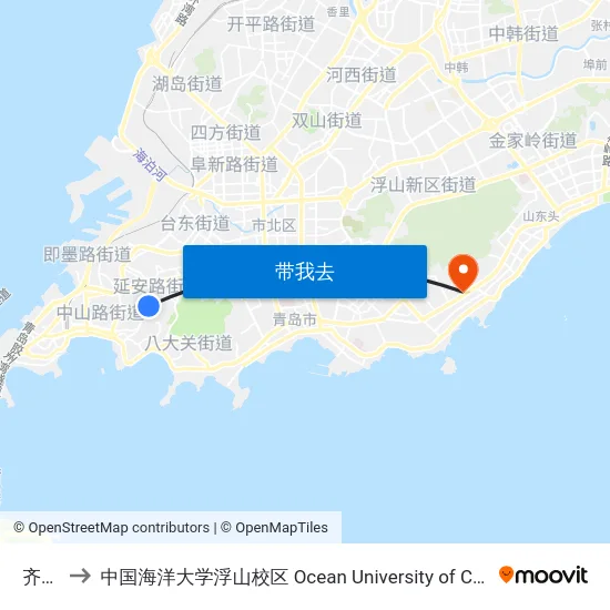 齐东路 to 中国海洋大学浮山校区 Ocean University of China (Fushan Campus) map
