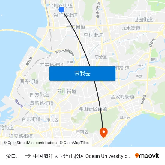 沧口体育场 to 中国海洋大学浮山校区 Ocean University of China (Fushan Campus) map