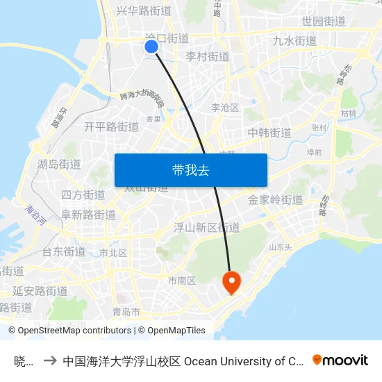 晓翁村 to 中国海洋大学浮山校区 Ocean University of China (Fushan Campus) map