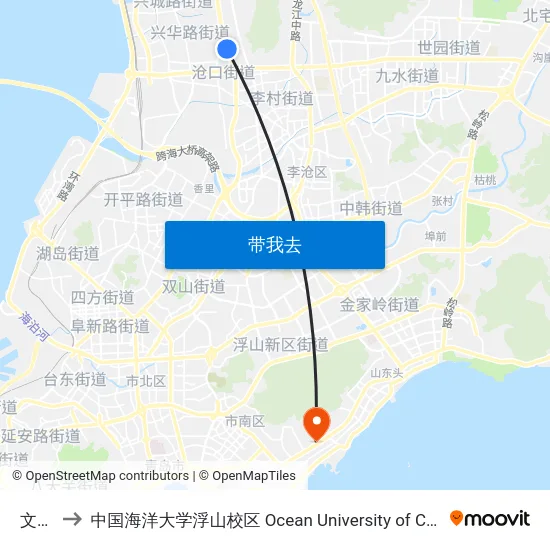 文昌阁 to 中国海洋大学浮山校区 Ocean University of China (Fushan Campus) map
