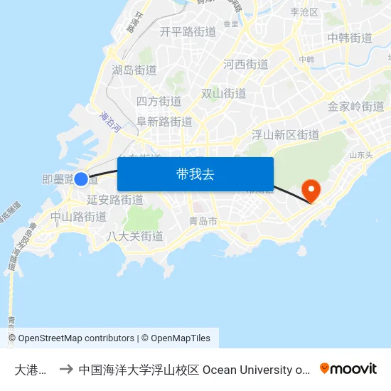 大港客运站 to 中国海洋大学浮山校区 Ocean University of China (Fushan Campus) map