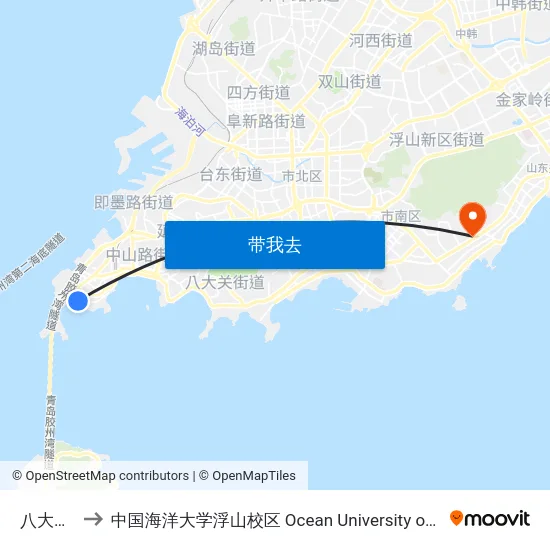 八大峡小学 to 中国海洋大学浮山校区 Ocean University of China (Fushan Campus) map