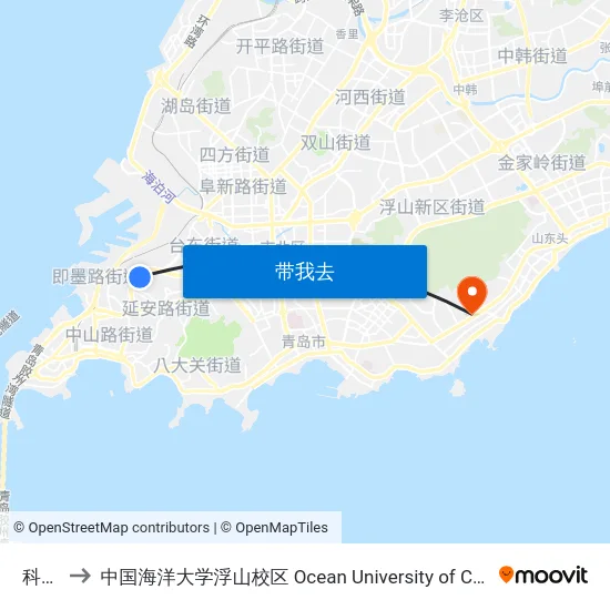 科技街 to 中国海洋大学浮山校区 Ocean University of China (Fushan Campus) map