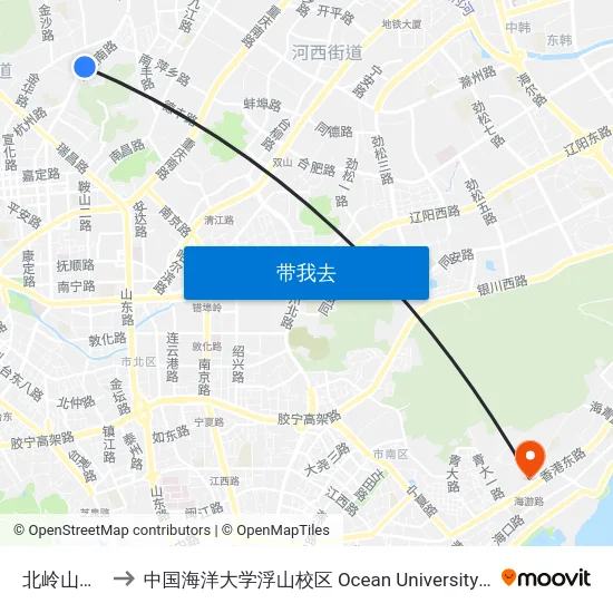 北岭山森林公园 to 中国海洋大学浮山校区 Ocean University of China (Fushan Campus) map